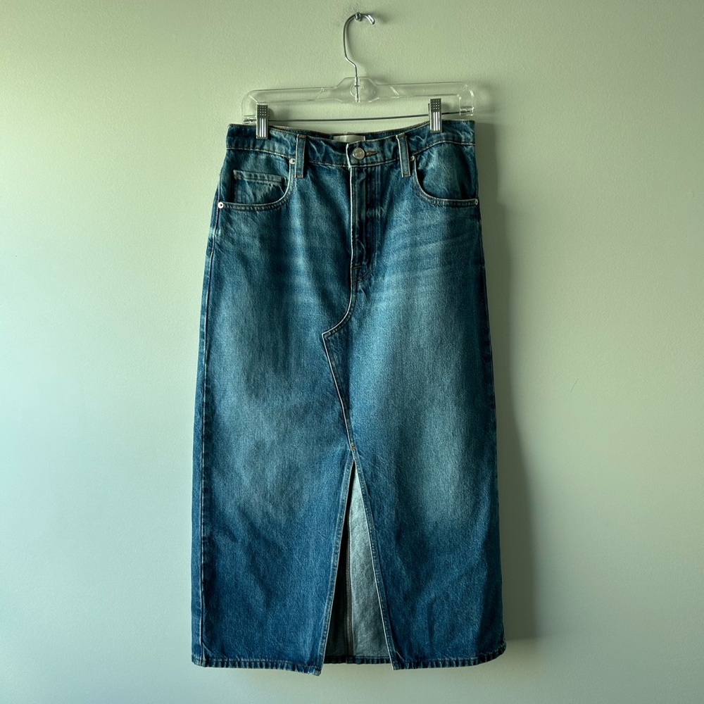 Frame medium wash denim midi skirt